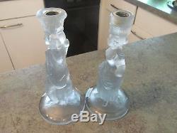 Antique Frosted Pressed Glass Heavy Figural Man Woman Pair Candlesticks Holder