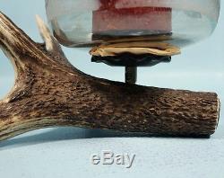 Antique German Hunt Stag Antler Etched Glass Candle Holder Roebuck Pheasant Boar