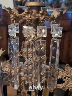 Antique Girandole Set Brass Marble & Glass Prism Candle Holders Three Piece