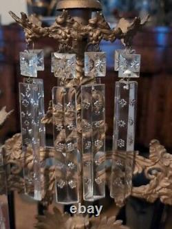 Antique Girandole Set Brass Marble & Glass Prism Candle Holders Three Piece