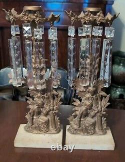 Antique Girandole Set Brass Marble & Glass Prism Candle Holders Three Piece