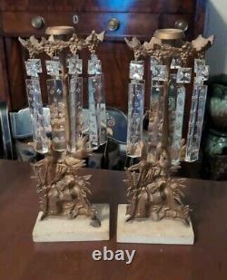 Antique Girandole Set Brass Marble & Glass Prism Candle Holders Three Piece