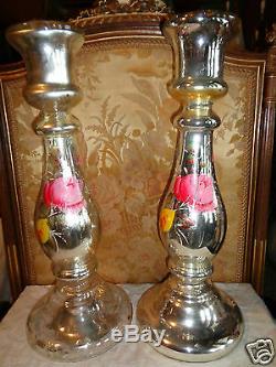 Antique Hand Painted Roses Floral Monumental Mercury Glass Candlestick Set 21