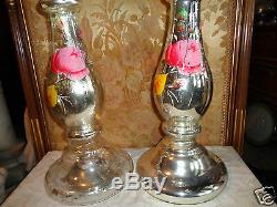 Antique Hand Painted Roses Floral Monumental Mercury Glass Candlestick Set 21