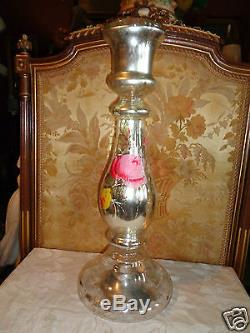 Antique Hand Painted Roses Floral Monumental Mercury Glass Candlestick Set 21
