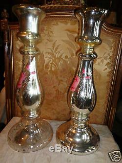 Antique Hand Painted Roses Floral Monumental Mercury Glass Candlestick Set 21