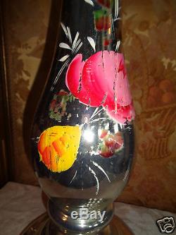 Antique Hand Painted Roses Floral Monumental Mercury Glass Candlestick Set 21