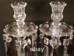 Antique Heisey Glass Crystal Purple Cut Prism Lamps Candlestick Holder Bobeche