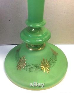 Antique Jade Green & Gold Glass Mantle Lustre Candle Holder & 10 Crystal Prisms
