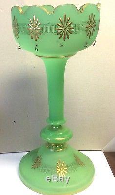 Antique Jade Green & Gold Glass Mantle Lustre Candle Holder & 10 Crystal Prisms