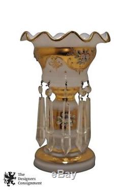 Antique Milk Glass Mantel Lustre Vase Drop Crystals Ruffled Girandole Candle 11