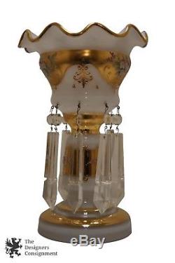 Antique Milk Glass Mantel Lustre Vase Drop Crystals Ruffled Girandole Candle 11