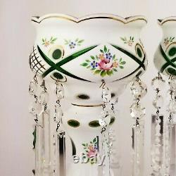 Antique Moser Bohemian Czech Cut to Green Enamel Flower Glass Mantle Lusters