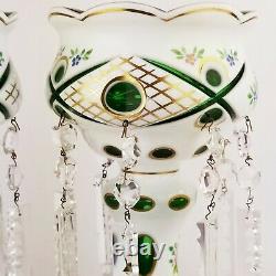 Antique Moser Bohemian Czech Cut to Green Enamel Flower Glass Mantle Lusters