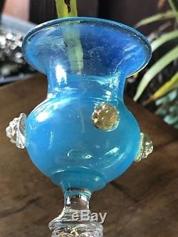 Antique Murano Glass Salviati Dolphin Gold Opal Blue Candle Holder Venetian