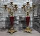 Antique Ornate Bronze Withred Enamel 5 Arm Candelabra Crystal Prisms Candle Holder