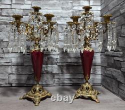 Antique Ornate Bronze withRed Enamel 5 Arm Candelabra Crystal Prisms Candle Holder