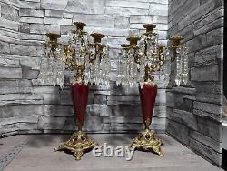 Antique Ornate Bronze withRed Enamel 5 Arm Candelabra Crystal Prisms Candle Holder