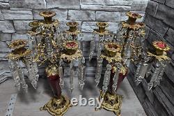 Antique Ornate Bronze withRed Enamel 5 Arm Candelabra Crystal Prisms Candle Holder