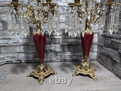 Antique Ornate Bronze withRed Enamel 5 Arm Candelabra Crystal Prisms Candle Holder