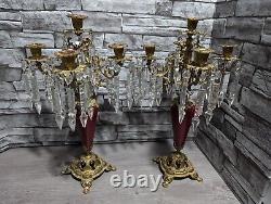 Antique Ornate Bronze withRed Enamel 5 Arm Candelabra Crystal Prisms Candle Holder