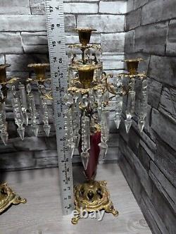 Antique Ornate Bronze withRed Enamel 5 Arm Candelabra Crystal Prisms Candle Holder