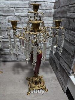 Antique Ornate Bronze withRed Enamel 5 Arm Candelabra Crystal Prisms Candle Holder