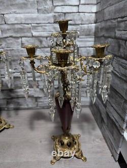 Antique Ornate Bronze withRed Enamel 5 Arm Candelabra Crystal Prisms Candle Holder