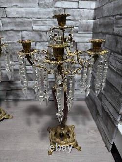 Antique Ornate Bronze withRed Enamel 5 Arm Candelabra Crystal Prisms Candle Holder