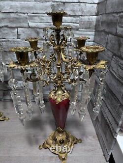 Antique Ornate Bronze withRed Enamel 5 Arm Candelabra Crystal Prisms Candle Holder