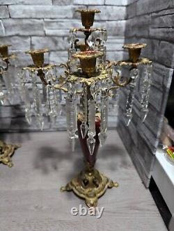 Antique Ornate Bronze withRed Enamel 5 Arm Candelabra Crystal Prisms Candle Holder