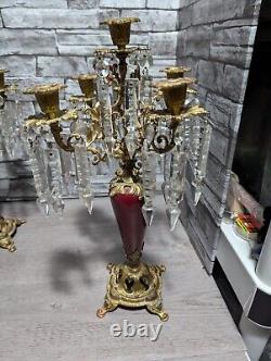 Antique Ornate Bronze withRed Enamel 5 Arm Candelabra Crystal Prisms Candle Holder