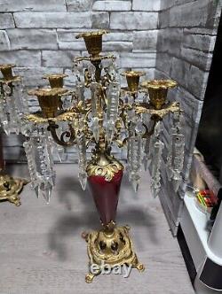 Antique Ornate Bronze withRed Enamel 5 Arm Candelabra Crystal Prisms Candle Holder