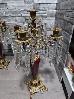 Antique Ornate Bronze withRed Enamel 5 Arm Candelabra Crystal Prisms Candle Holder