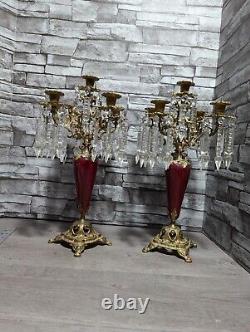 Antique Ornate Bronze withRed Enamel 5 Arm Candelabra Crystal Prisms Candle Holder