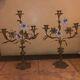 Antique Pair Candlesticks Bronze Brass Glass Flowers Candelabra