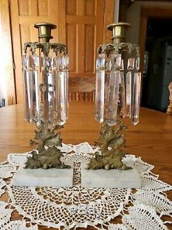 Antique Pair Candelabra Girandole Candle Holder Birds in Tree Cut Glass Spears