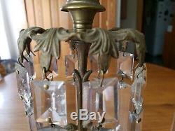 Antique Pair Candelabra Girandole Candle Holder Birds in Tree Cut Glass Spears