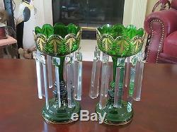 Antique Pair Czech Bohemian 13 Mantle Lusters Emarald Green & Gold With Prisms