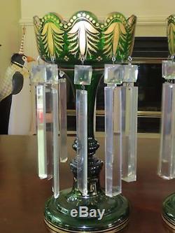 Antique Pair Czech Bohemian 13 Mantle Lusters Emarald Green & Gold With Prisms