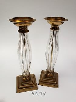 Antique Pair MCM Buffet Mantel 15 Brass & Glass Candle Holders Fit 7/8 Taper