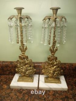 Antique Pair Of 16 Girandoles Brass Marble Glass Candle Sticks Holders Prism's