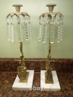 Antique Pair Of 16 Girandoles Brass Marble Glass Candle Sticks Holders Prism's