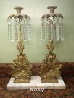 Antique Pair Of 16 Girandoles Brass Marble Glass Candle Sticks Holders Prism's