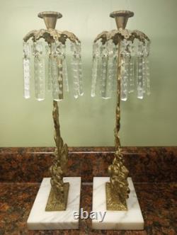 Antique Pair Of 16 Girandoles Brass Marble Glass Candle Sticks Holders Prism's