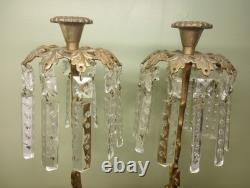 Antique Pair Of 16 Girandoles Brass Marble Glass Candle Sticks Holders Prism's