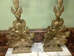 Antique Pair Of 16 Girandoles Brass Marble Glass Candle Sticks Holders Prism's