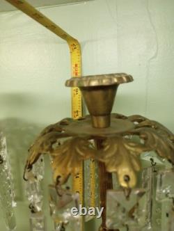 Antique Pair Of 16 Girandoles Brass Marble Glass Candle Sticks Holders Prism's