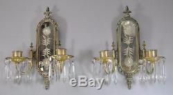Antique Pair Of Silver Plate Etched Cut Glass Double Candleholders