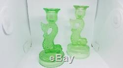 Antique Pair Of Vaseline Glass Dolphin Koi Candle Stick Holder